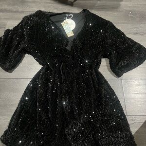 Boohoo Black and Silver Sequin Babydoll Dress